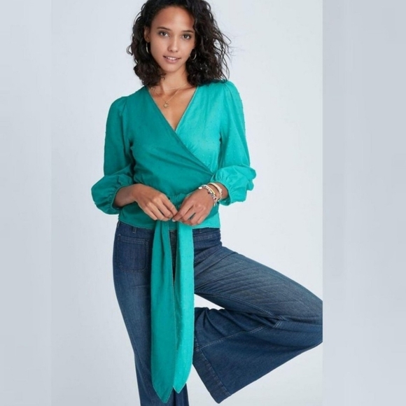 Farm Rio Anthropologie Color Block Teal Swiss Dot Wrap Blouse - Picture 1 of 16